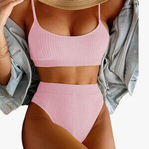 High Waisted Tummy Control Bikini Ribbed Sporty Brazilian Swimsuit Set